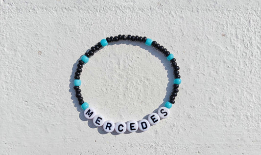 Mercedes F1 Beaded Bracelet – Black & Teal Stretch Forlula 1 Fan Jewelry – Handmade Racing Gift for Motorsport Lovers