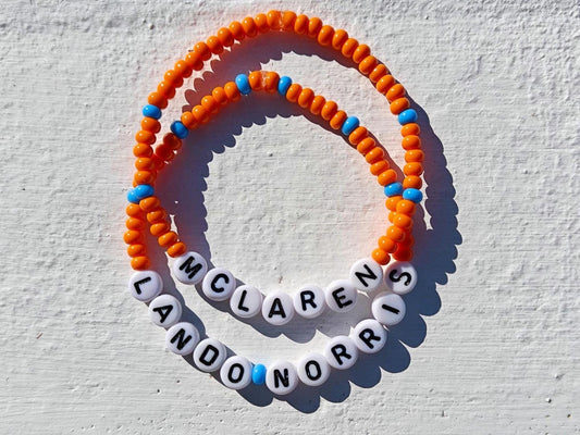 McLaren F1 Beaded Bracelet Driver and Team Bundle – Handmade Orange & Blue Stretch Motorsport Jewelry – Formula 1 Fan Gift