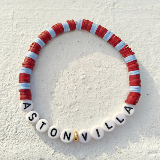 Aston Villa football team clay bead Bracelet in claret and blue with gold plated beads