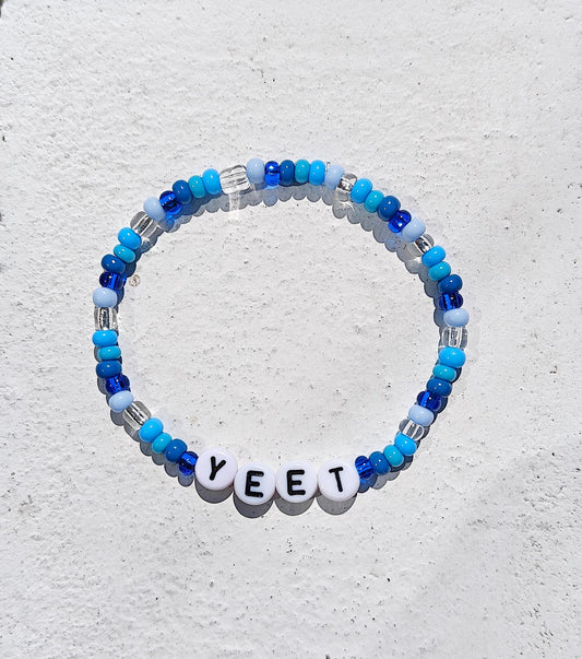 YEET Beaded Bracelet – WWE Inspired Blue & White Stretchy Bracelet | Funny Gift for Wrestling Fans | Meme Jewelry | Handmade Accessory