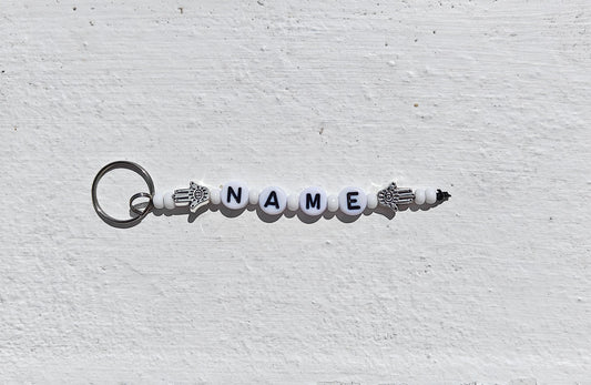 Custom Beaded Name Keychain | Personalized Keyring with boho Hamsa Hand Charm | Handmade Gift for Kids & Adults