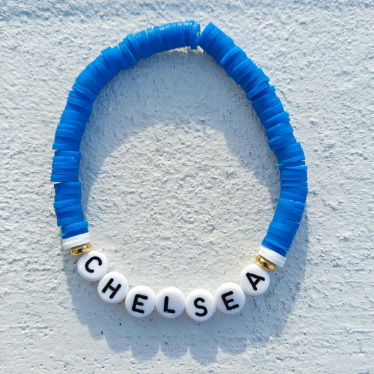 Chelsea clay bead Bracelet in blue and white with gold plated beads