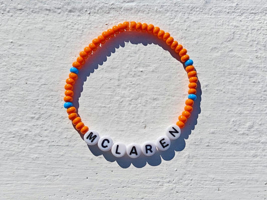 McLaren Beaded Bracelet – Orange & Blue Stretch F1 Fan Jewelry – Handmade Racing Gift for Motorsport Lovers