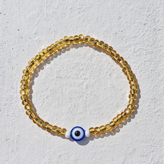 Seed Bead Evil Eye Bracelet – Gold Glass Beads with Blue Centre Charm | Evil Eye Protection | Boho Bracelet