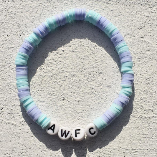 Arsenal womens football club glass or clay bead Bracelet, in new 24/24 third kit purple and blue colors on elastic stretch string