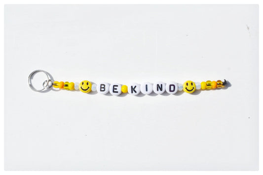 Be kind Keychain with Yellow Smiley Charms and Glass Seed Beads
